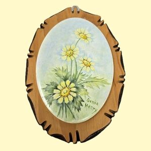 Genie Henry Painted Art Yellow Daisy's On Ceramic Signed On Fired Wooden Plaque